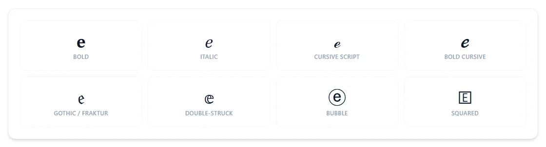The letter E rendered in bold, italic, cursive script, bold cursive, gothic/fraktur, double-struck, bubble, and squared styles