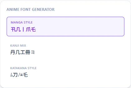 Anime Font Generator style examples: Manga Style, Kanji Mix, Katakana Style, rendered on the word "Anime"