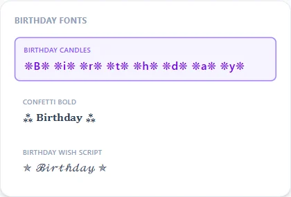 Birthday Fonts style examples: Birthday Candles, Confetti Bold, Birthday Wish Script, rendered on the word "Birthday"