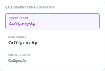 Calligraphy Font Generator style examples: Cursive Script, Bold Cursive, Gothic / Fraktur, rendered on the word "Calligraphy"