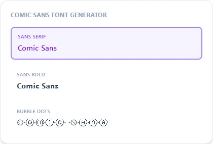 Comic Sans Font Generator style examples: Sans Serif, Sans Bold, Bubble Dots, rendered on the word "Comic Sans"