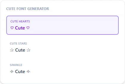 Cute Font Generator style examples: Cute Hearts, Cute Stars, Sparkle, rendered on the word "Cute"