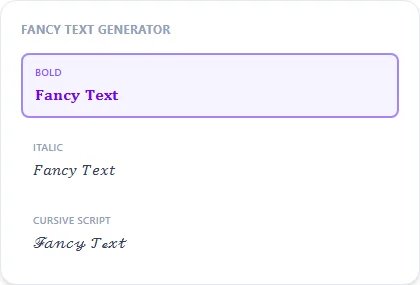 Fancy Text Generator style examples: Bold, Italic, Cursive Script, rendered on the word "Fancy Text"