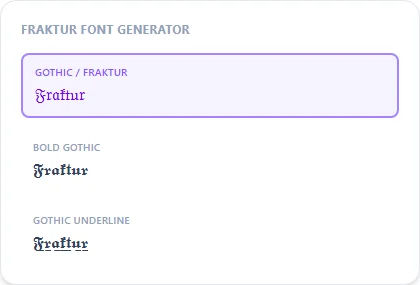 Fraktur Font Generator style examples: Gothic / Fraktur, Bold Gothic, Gothic Underline, rendered on the word "Fraktur"
