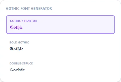 Gothic Font Generator style examples: Gothic / Fraktur, Bold Gothic, Double-Struck, rendered on the word "Gothic"