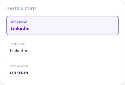 LinkedIn Fonts style examples: Sans Bold, Sans Serif, Small Caps, rendered on the word "LinkedIn"