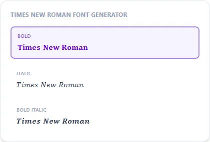 Times New Roman Font Generator style examples: Bold, Italic, Bold Italic, rendered on the word "Times New Roman"